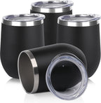DOMICARE Stainless Steel Wine Tumbler Bulk with Lid, Personalized Insulated Tumblers Set, 12oz Travel Coffee Cups Pack of 4, Black