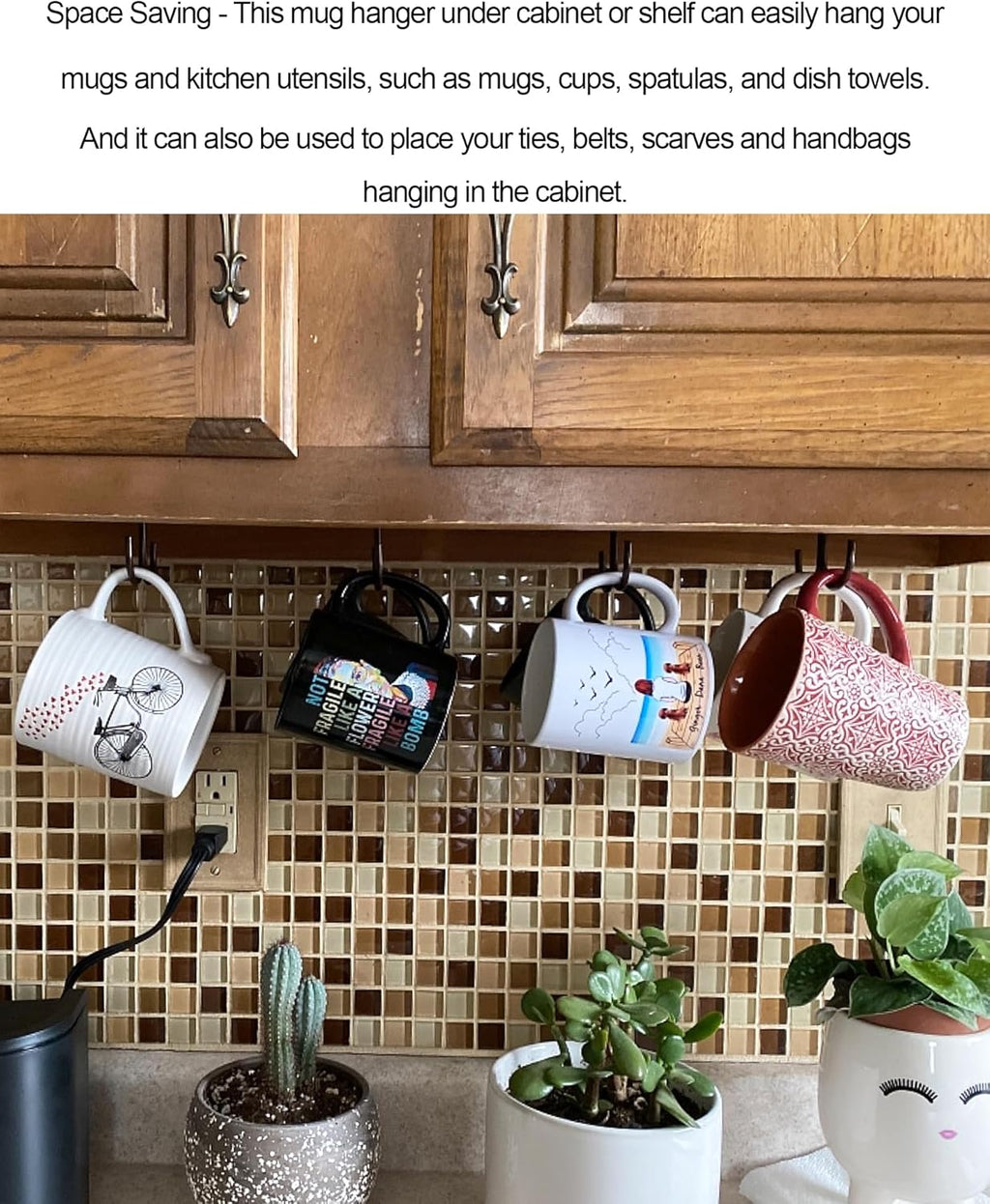 Mug Rack Under Cabinet 12 Mug Hooks Coffee Cup Holder Under Shelf Display Hanging Cups Organizer Hanger for Bar Kitchen Utensils - Black