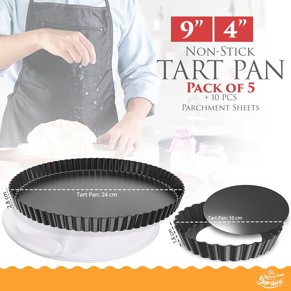 Bundle Pack 9" and 4" Mini Tart and Quiche Pan Combo, False Bottom, Deep Fluted Tart and Quiche with Removable Bottom - Non-Stick