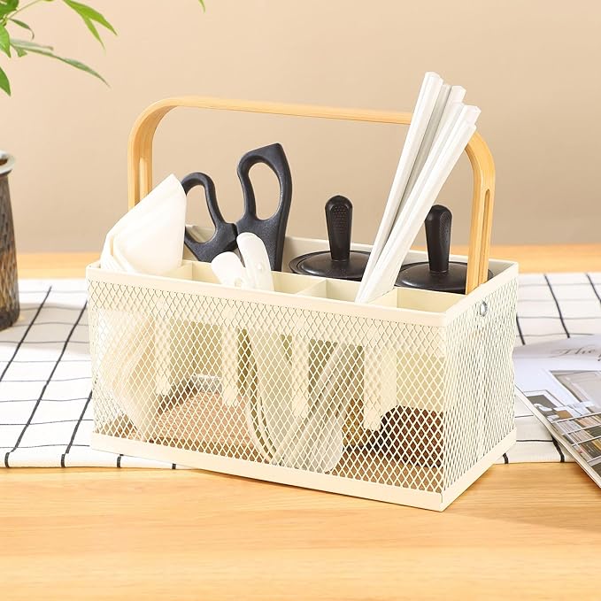 Utensil Caddy Metal Mesh Silverware Cutlery Organizer Basket with Bamboo Handle, Multi-Purpose Steel Wire Caddy 6 Compartment Flatware Basket for Kitchen, Countertop, Picnic, Restaurant, White