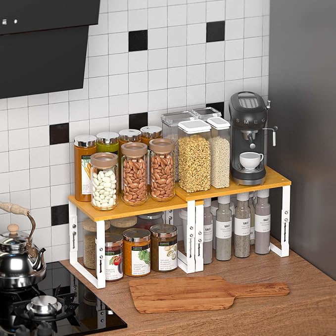 Expandable Kitchen Cabinet Organizer Shelves – Stackable Adjustable Metal and Wood Storage Racks for Countertop, Pantry, Garage Set of 2 Spice Rack – Easy Assembly, Space-Saving(2 Packs/Medium/White)