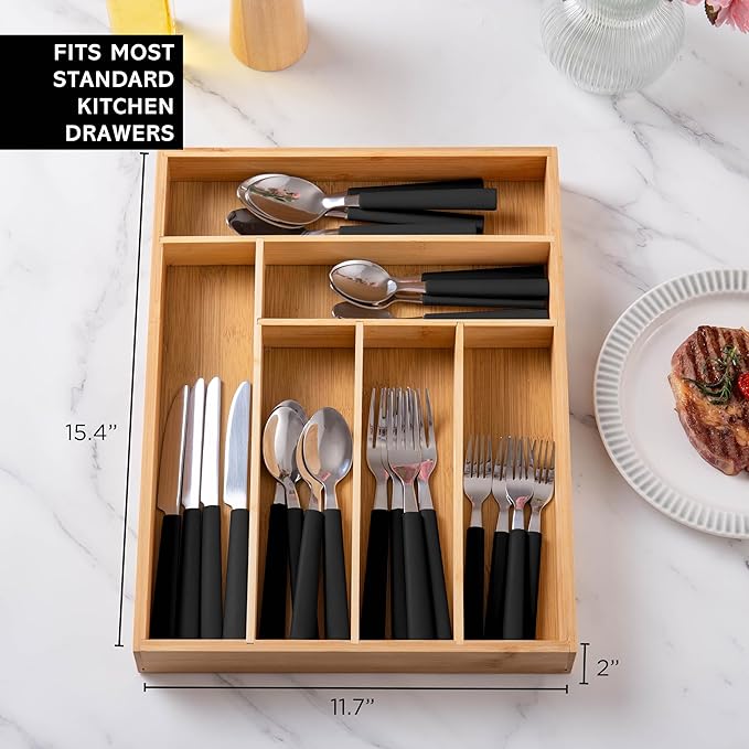 COOK WITH COLOR Bamboo Kitchen Utensil Set with Drawer Organizer | Cooking Tools and Storage Caddy, Black, 25 Piece Cutlery Set