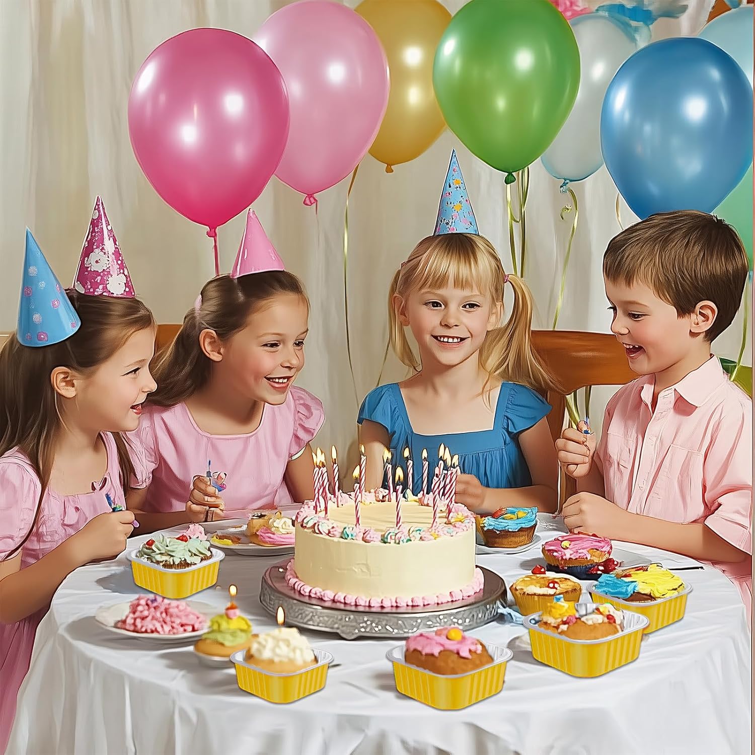 25 Pack Square Mini Cake Pans with Lids,Mini Loaf Pans with Lids,Aluminum Foil Baking Cups,Disposable Ramekins Cupcake Cups,Dessert Cups for Wedding Birthday Party Picnics,5oz (Gold)