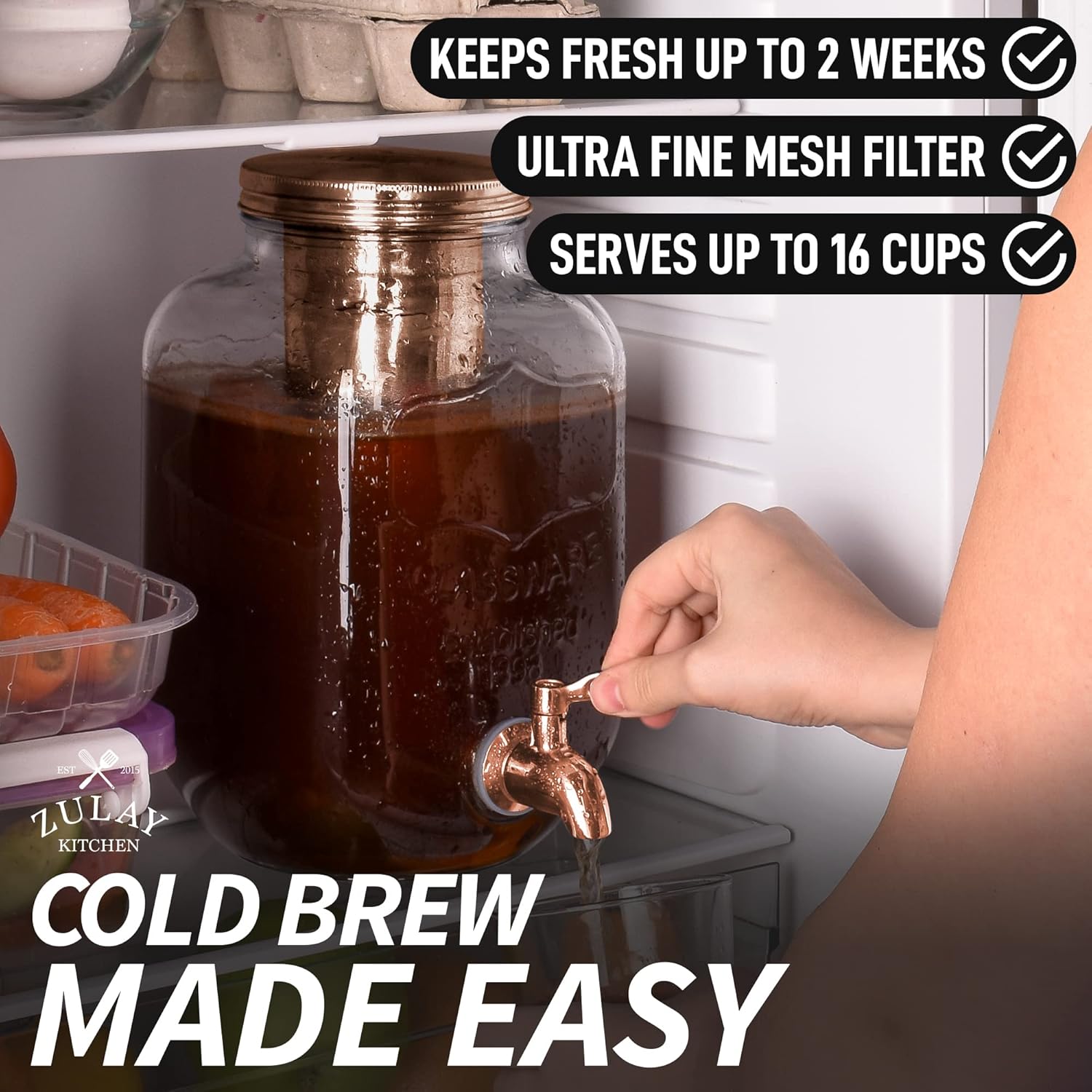 Zulay Kitchen 1 Gallon Cold Brew Coffee Maker - Large Iced Tea & Cold Brew Pitcher with Extra-Thick Glass & Stainless Steel Infuser - Drink & Beverage Dispenser Jar with Airtight Lid & Spout Rose Gold