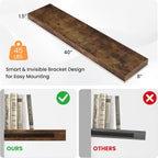 Floating Shelves for Wall, 40"W x 8"D x 1.5"H, Wooden Wall Mounted Display Shelves with Invisible Brackets for Living Room, Bedroom, Bathroom, Kitchen Decor and Storage, Set of 2, Rustic Brown