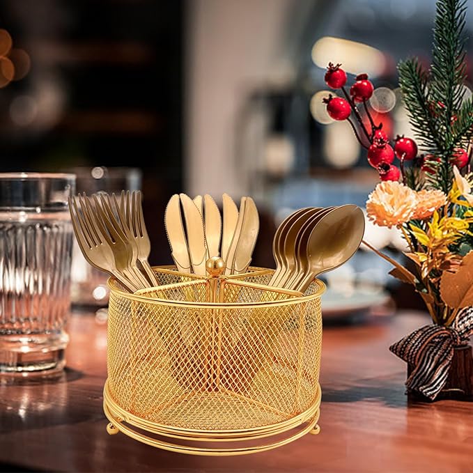 360° Rotating Metal Utensil Caddy - 4 Compartment Silverware Cutlery Holder Rotation Fork Spoon Napkin Organizer Flatware Storage Basket Party Countertop Buffet Picnic Camping Outdoor Gold