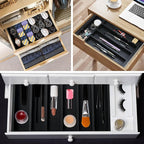 Expandable Bamboo Kitchen Drawer Organizer Utensil Tray Black Wood Silverware Organizer Adjustable Wooden Cutlery Tray for Fork Spoon Organizer Large Cooking Utensil Holder Drawer Flatware Organizer