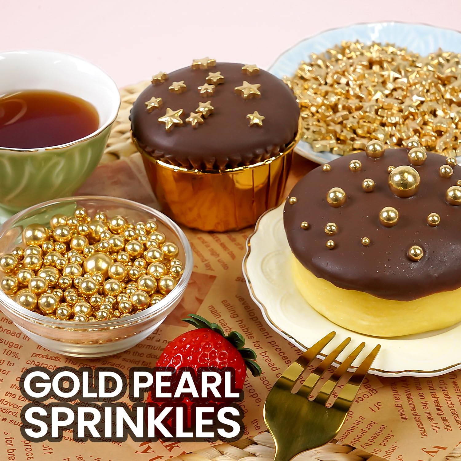 Gold Pearl Sprinkles for Cake Decorating, 150g/5.29oz, Mix Size, Edible Sugar Candy Pearls, Cake Decorations, Cupcake, Cookies, Ice cream Topper, Holiday, Wedding Party, Easter, Christmas Supplies
