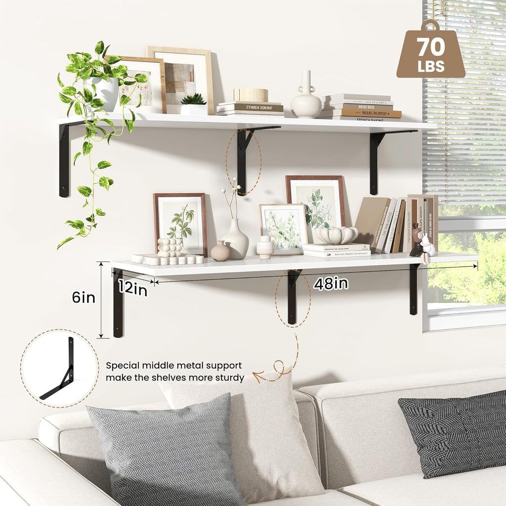 Fun Memories Floating Shelves for Wall, 12 Inch Deep Floating Shelves Set of 2, Wall Mounted Shelf with Metal Brackets, Rustic Wood Wide Shelf for Bathroom, Kitchen and Living Room, White, 48W x 12D