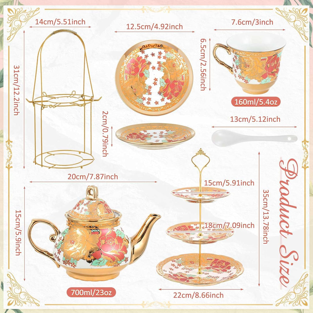 Maxcheck 21 Pcs Tea Party Set for Adults European Floral Tea Set with Metal Holder and 3 Tier Ceramic Cake Stand Porcelain Flower Cup Teapot for Dessert Cupcake(Vintage Style)