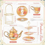 Maxcheck 21 Pcs Tea Party Set for Adults European Floral Tea Set with Metal Holder and 3 Tier Ceramic Cake Stand Porcelain Flower Cup Teapot for Dessert Cupcake(Vintage Style)