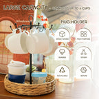GENMOUS Farmhouse Coffee Mug Holder Stand with Woven Basket for Countertop, 2 Tier Handle Coffee Cup Tree Holder, CoffeeMugs Rack for 6 Mug Hooks with Cup Pods & Saucer Basket Storage for Bar Counter
