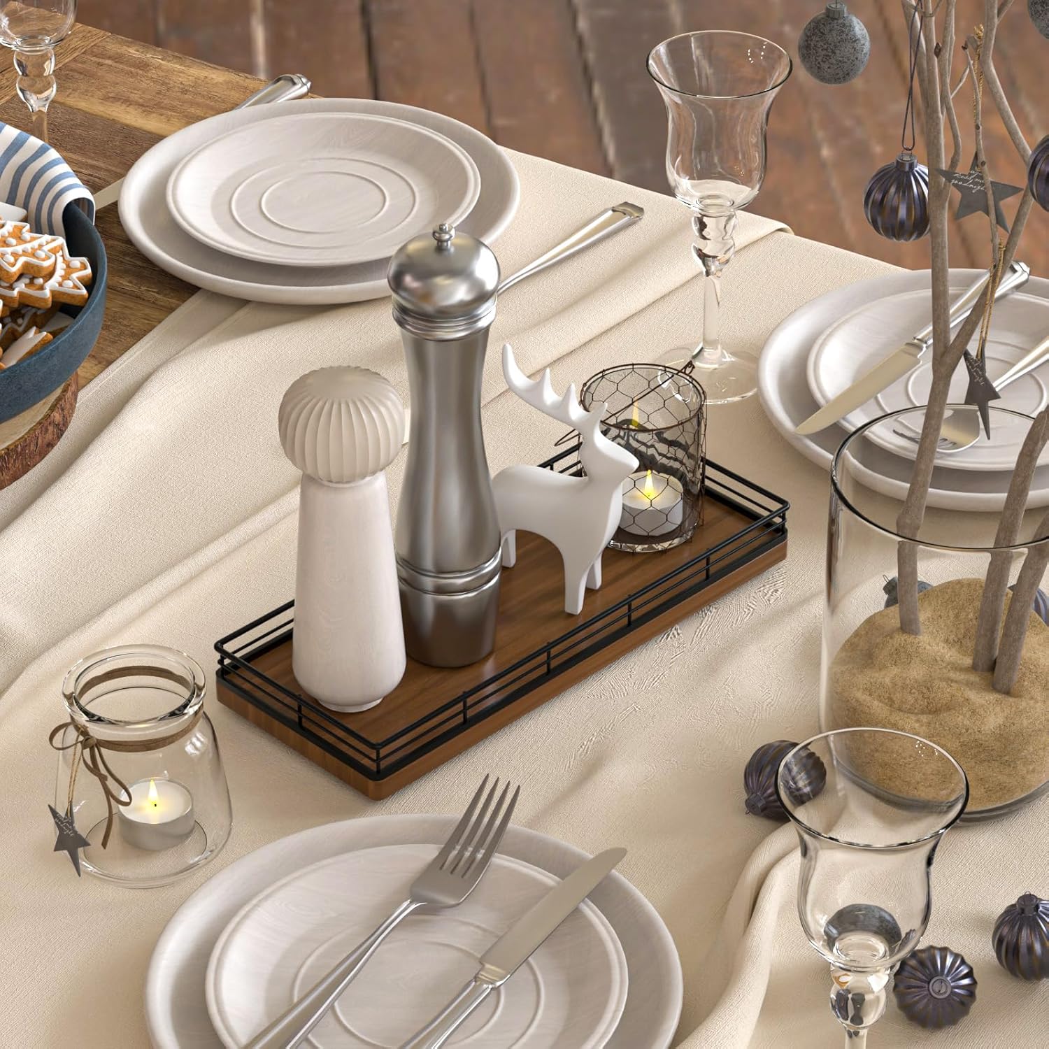 Wooden Decorative Tray, Oak 11.2" L Coffee Table Tray for Kitchen Countertop Soap Sponge Holder Candle Nightstand Table Centerpieces for Dining Room Decor Walnut