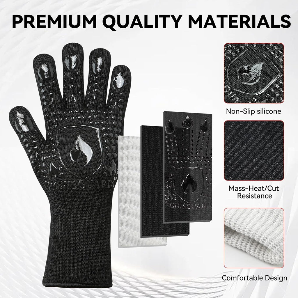 BBQ & Grill Gloves, Oven Gloves, 1472°F Silicone Oven Mitts Heat Resistant Grilling Gloves Fireproof Non-Slip for Barbecue Cooking Baking Smoking, 1-Pair Black（M）