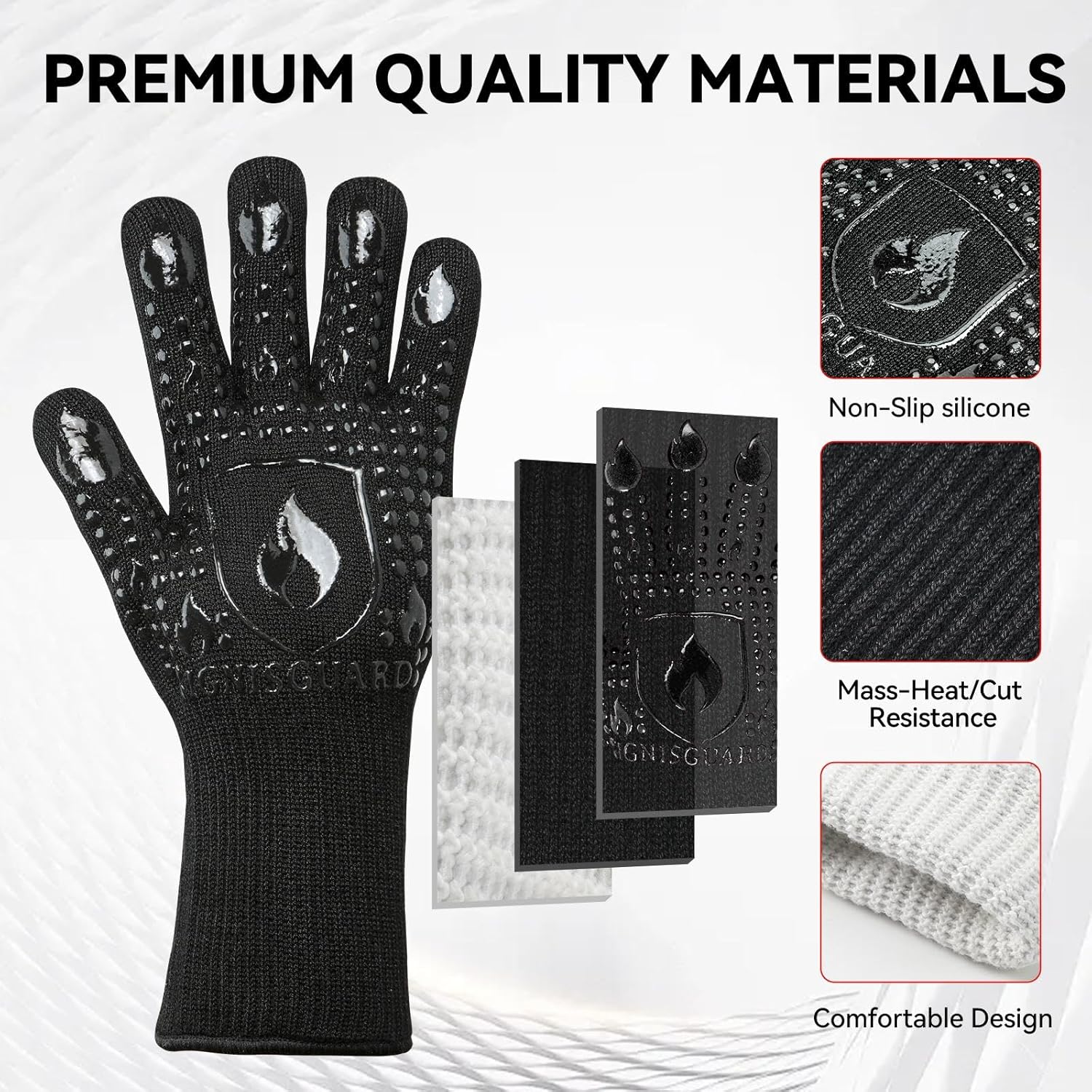 BBQ & Grill Gloves, Oven Gloves, 1472°F Silicone Oven Mitts Heat Resistant Grilling Gloves Fireproof Non-Slip for Barbecue Cooking Baking Smoking, 1-Pair Black（M）