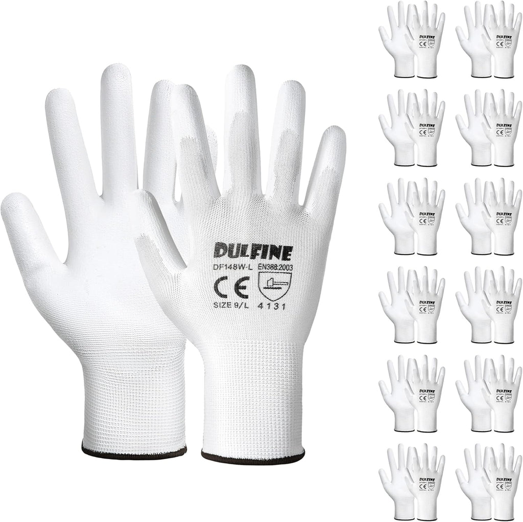 DULFINE Safety Work Gloves PU Coated-12 Pairs,White Seamless Knit Glove with Polyurethane Coated Smooth Grip on Palm & Fingers, for Men and Women, Ideal for General Duty Work (Small)