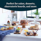 Libbey Acacia Wood Cake Stand with Lid, Footed Round Cake Container, Ball Top Handle Covered Cake Stand, Durable Glass Dome Cover