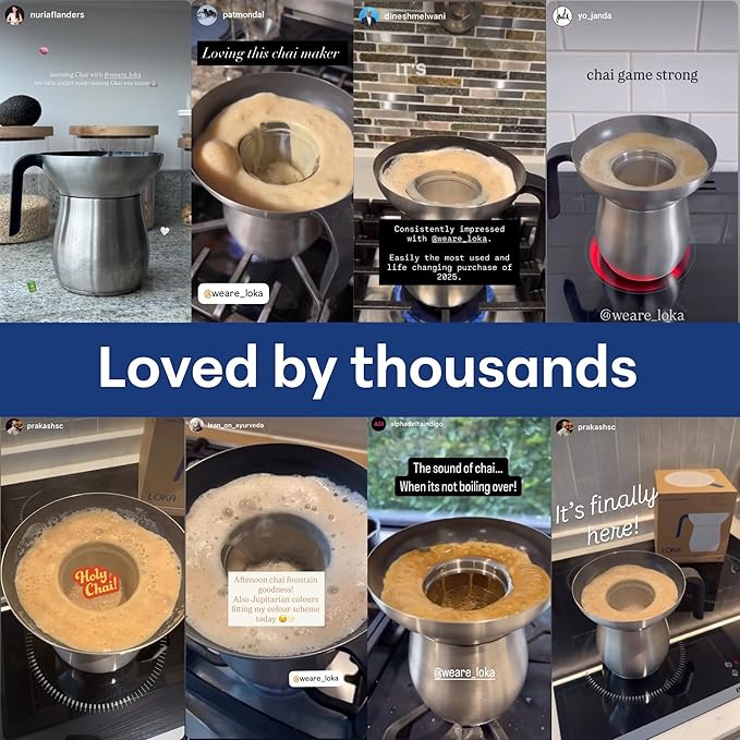 Loka Chai Maker for Authentic Masala Chai & Chai Latte | Easy Clean Stainless Steel Stovetop Tea Maker with Innovative Chai Fountain | Non-Stick Ceramic, 20oz (3 Cups) - (Stainless Steel Strainer)