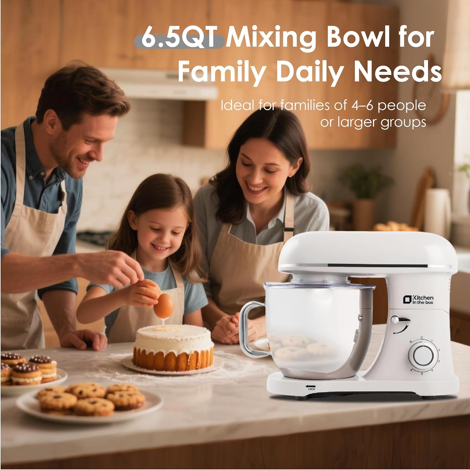 Kitchen in the box Stand Mixer - 900 Watt Heavy Dough Standing Mixers with 6.5 Quart Mixing Bowl, Tilt-head, Dough Hook, Whisk, Flat Beater and Splash Guard (White)
