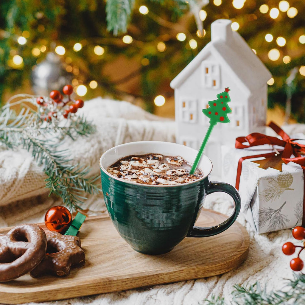 30 Pcs Christmas Drink Stirrers Xmas Stir Stick Holiday Coffee Swizzle Stick Reusable Plastic Hot Cocoa Bar Chocolate Decoration Cocktail Mixer(Christmas Tree,Green)