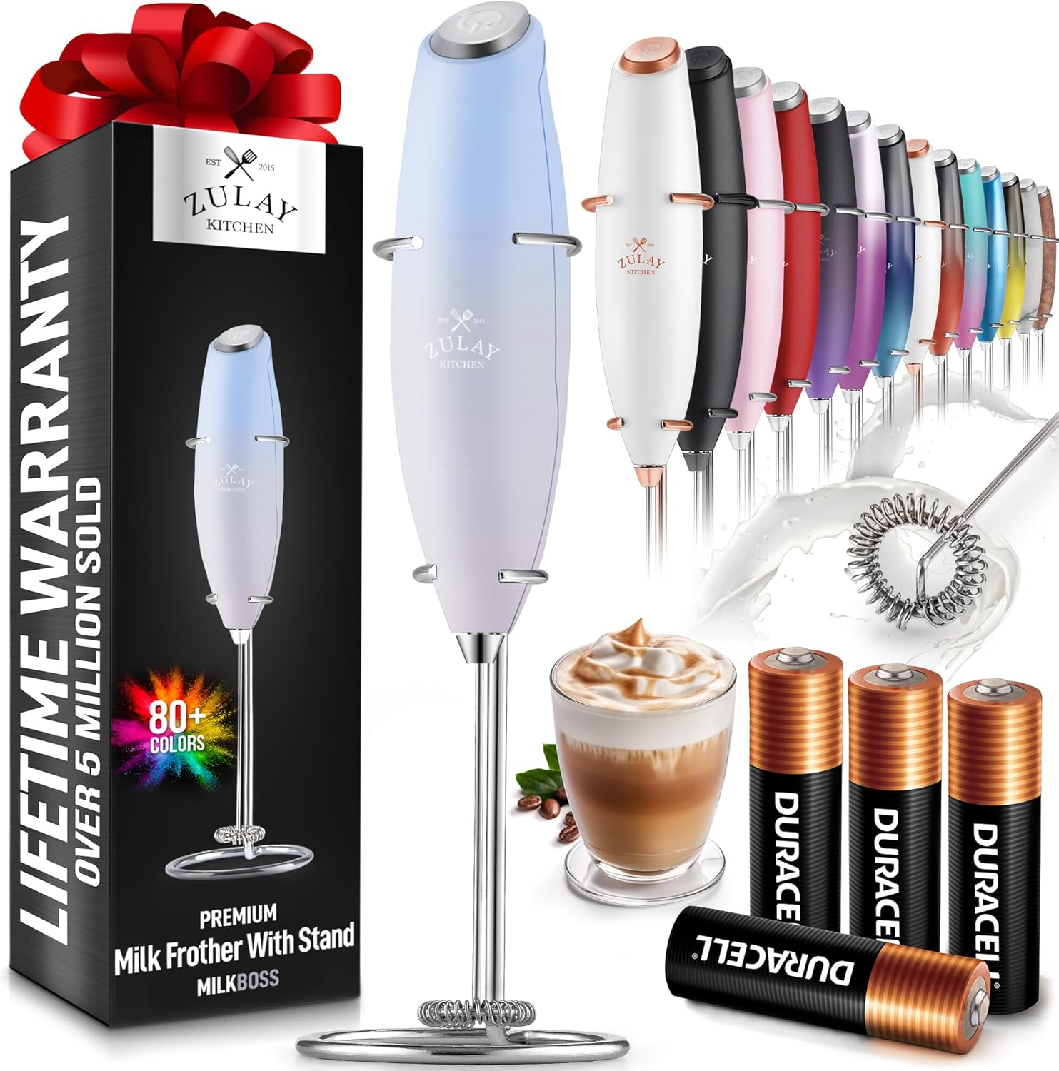 Zulay Kitchen Powerful Milk Frother Wand With 4 AA Duracell Batteries - Ultra Fast Handheld Drink Mixer - Electric Whisk Foam Maker for Coffee, Lattes, Cappuccino, Matcha & Creamer -