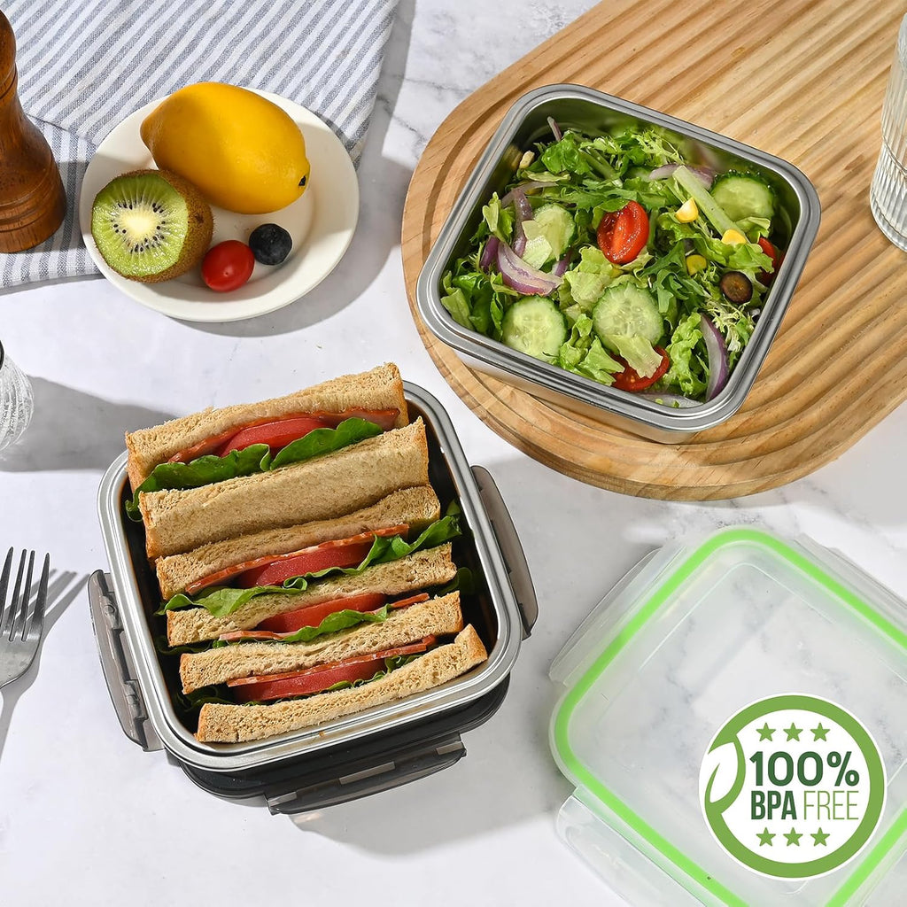 2 Pack Sandwich Containers, 24oz Stainless Steel Sandwich Box with Airtight Lids, Reusable Metal Meal Prep Lunch Boxes, BPA-Free, Dishwasher Safe, Food Storage Containers for Families (Black)