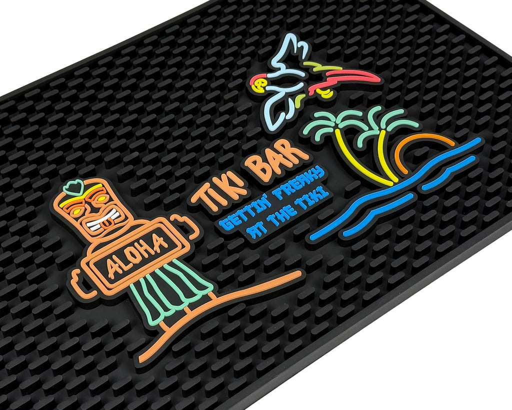 Aloha Tiki Bar Mat Gettin Freaky at The Tiki 18x12 in Hawaiian Decorations | Luau Party Decorations & Hawaiian Party Decorations Bar Mats for Countertop, Hawaii Palm Tree, Flying Parrot Tiki Bar Decor
