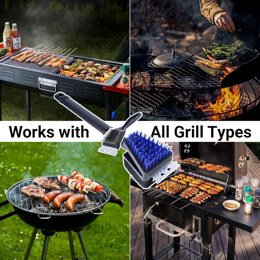 Nylon Grill Brush No Wire Bristle Barbecue Brush Grill Cleaning Kit Safe Grill Scraper Brush for Outdoor Grill Cleaner with Hole BBQ Brush Accessories Clean Cool Grates Gift for Men/Dad 3 PCS
