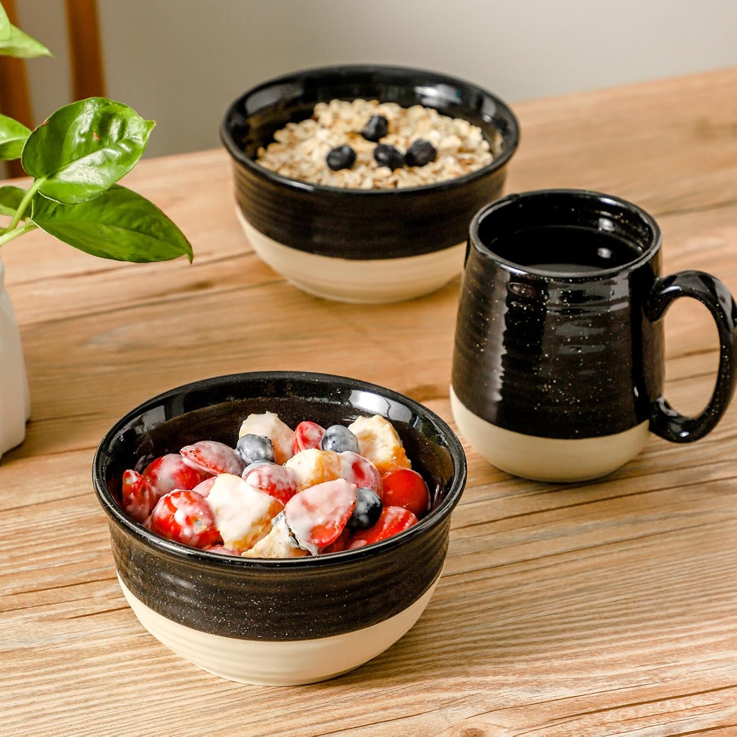 Hasense Ceramic Soup Bowls and Cereal Bowls, 20 OZ Bowls for Kitchen Set of 6, Stackable Bowls Set for Ramem, Salad, Oatmeal, Rice, Snack, Dishwasher Microwave Safe, Black