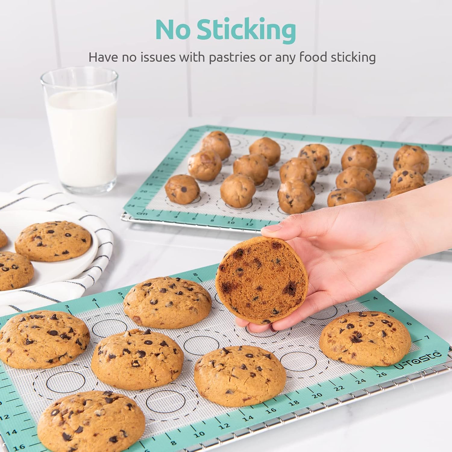 446ºF Heat Resistant Macaron Mat: U-Taste 11.75x8.25in Non Stick Silicone Baking Mat, Reusable Cookies Pastry Sheet Liner with Edge Enhancement & Circle Measurement for Cake Pan (Aqua Sky)