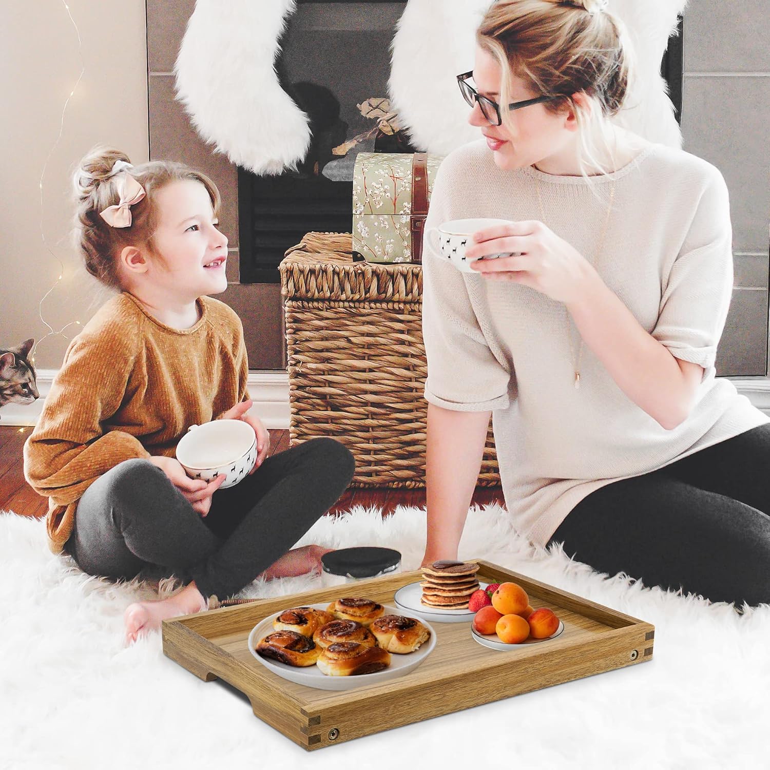 VaeFae Acacia Bed Table Tray, Wooden Breakfast Tray with Folding Legs, Bed Tray for Eating and Laptop, Eating Trays for Bedroom