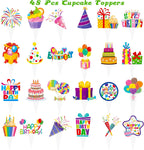 48pcs Happy Birthday Cupcake Toppers Colorful Birthday Cupcake Picks Decorations for Boy Girl Birthday Party Supplies