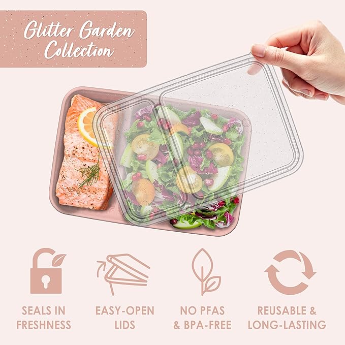 Bentgo Prep - 20-Piece 2-Compartment Reusable Meal Prep Containers with Lids, PFAS & BPA Free Materials, Durable, Microwave, Freezer, & Dishwasher Safe To Go Food Storage (Sweet Pea Glitter)