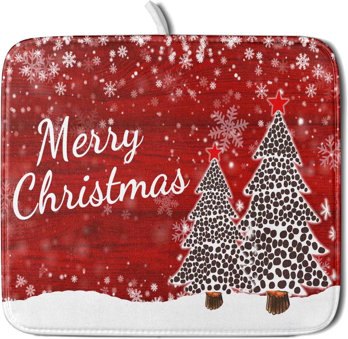 Merry Christmas Tree Red Dish Drying Mat for Kitchen Counter,Winter Snowflake Pine Drying Mat 16 x 18 Inch with Absorbent Reversible Microfiber Dish Drying Pad for Coffee Bar