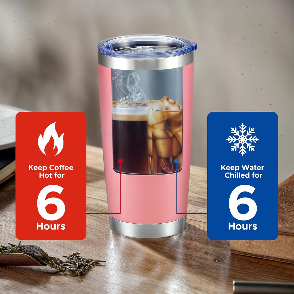 OMTech 20oz Tumblers Bulk, 6pc Stainless Steel Tumbler Set with Lid & Straw, Double Wall Vacuum Insulated Mug for Laser Engraver, Travel Coffee Mug for Hot & Cold Drinks, Pink Powder Coated Cup