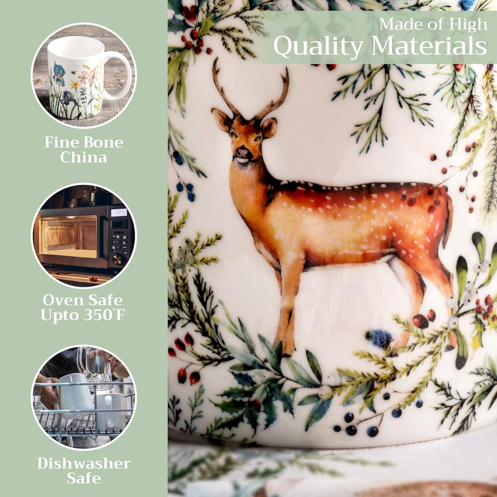 Maison d' Hermine Coffee Mug with Handles Fine Bone China Mugs Pack of One Tea Cups for Hot Beverages Cappuccino Latte Home Restaurant Office Perfect for Gift (Holly Time - Biche, 15 Ounce)