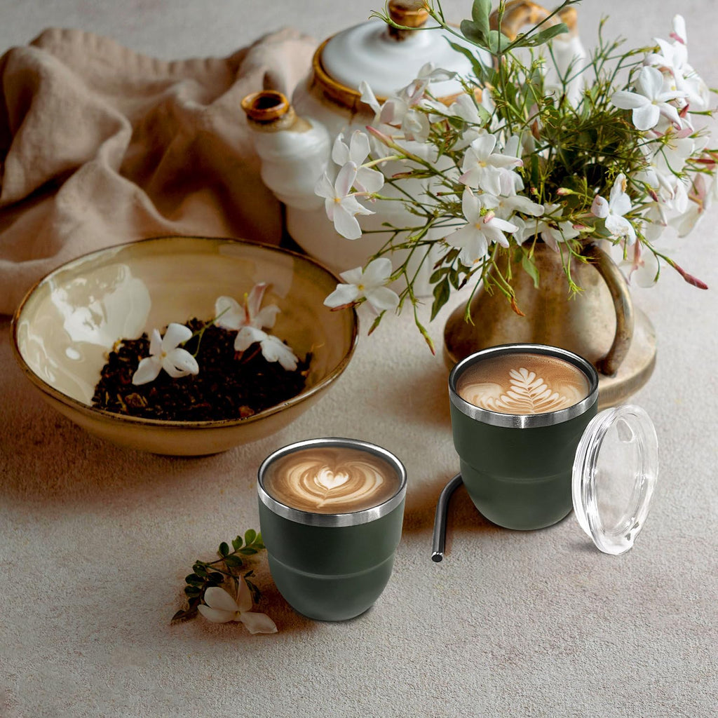 4oz Stackable Cup, Vacuum Insulated Espresso Cup Set of 6, Espresso Shot Cup for Coffee, Double Wall Stainless Steel Mini Tumbler Shot Glasses with Straw and Lid (A-green6P, 4oz)