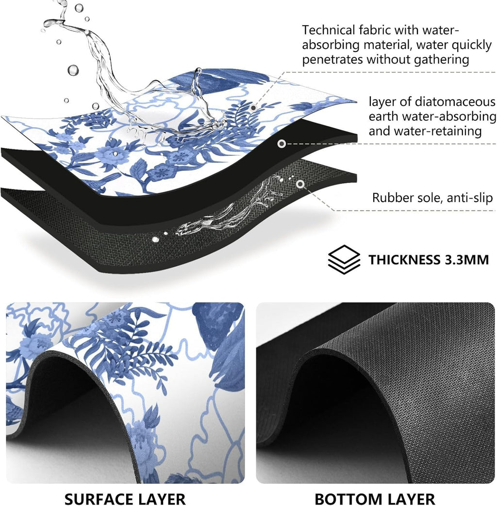 Blue Peacocks Birds Coffee Bar Mat, Rubber Backing, Dish Drying Mat for Kitchen Counter, Absorbent Coffee Maker Mats for Countertop, Heat Resistant, Coffee Flavor Menu,15.7"x11.8 " Small