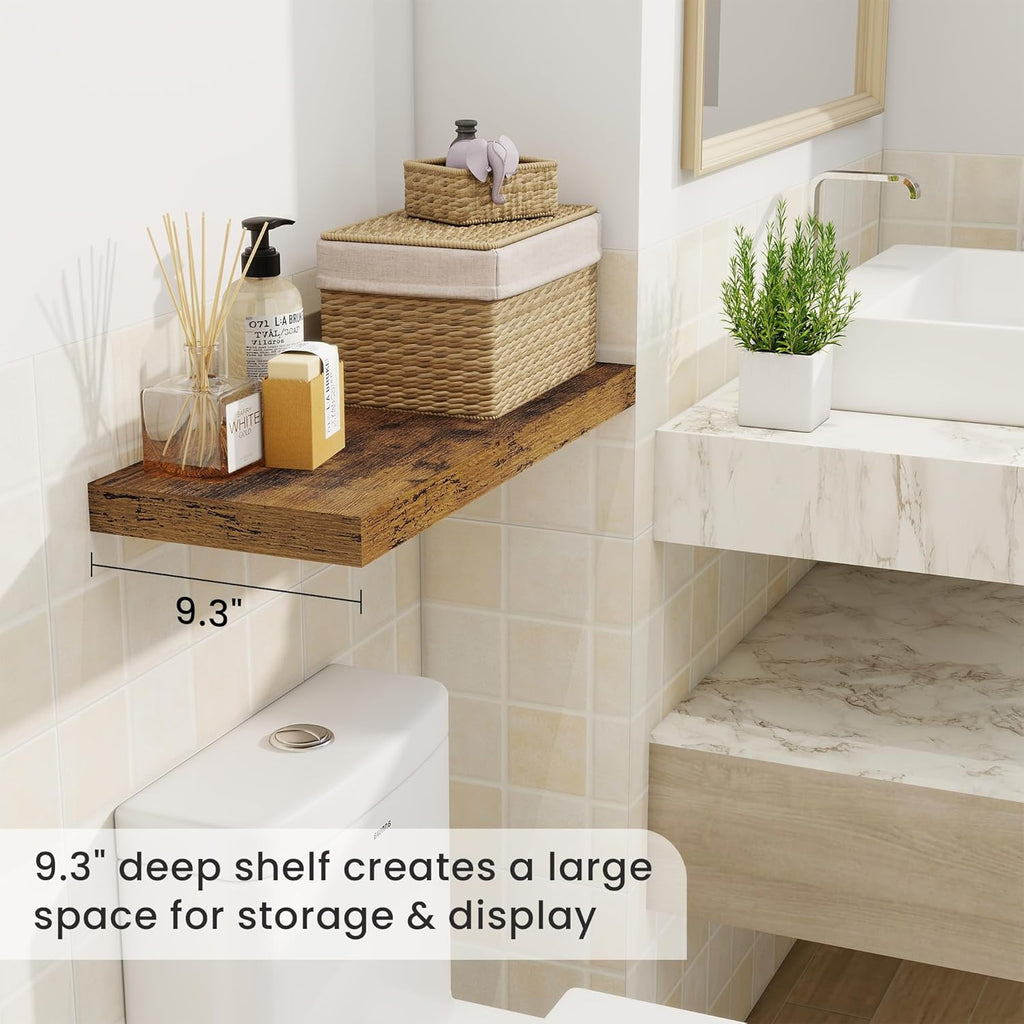 Fun Memories 24 Inch Floating Shelves for Wall, 9 Inch Deep Brown Rustic Wood Wall Mounted Shelves for Bathroom, Kitchen, Living Room, Set of 2