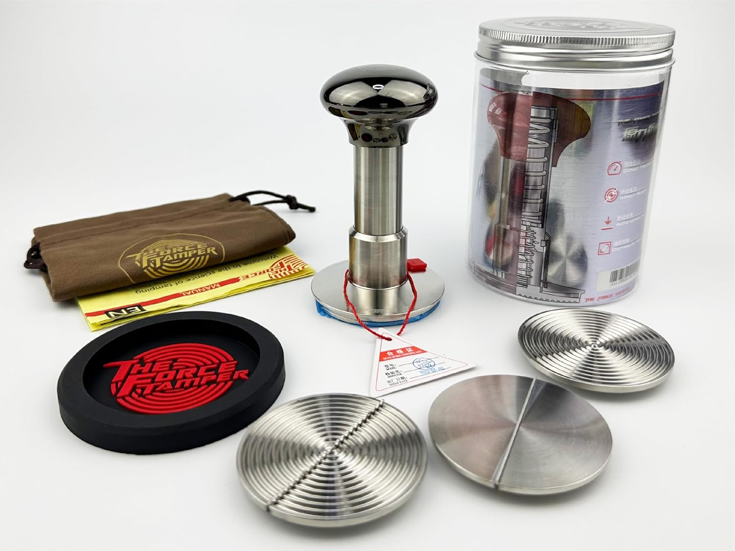 The Force Tamper Automatic Impact Coffee Tamper Adjustable Const Pressure and Autoleveling Duo-Distribute Set New (Jelly-Black Mirror AL, 58.50mm)