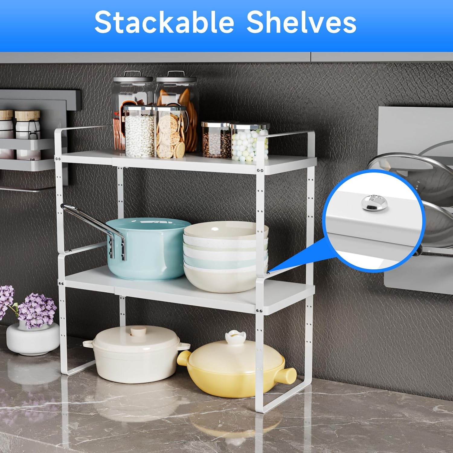 Expandable Cabinet Shelf Organizer, Stackable Kitchen Pantry Counter Storage, Adjustable Closet Cupboard Stand Rack Risers Spice Organization 80LBS Heavy Duty White 3 Pack
