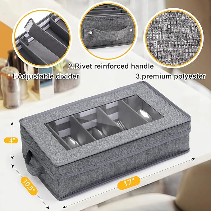 Silverware Storage Box 2 Pack, Flatware Storage, Utensil Storage with Removable Lid and Adjustable Dividers for Organizer Utensils, Cutlery, Flatware, Knives, Large Capacity Gray