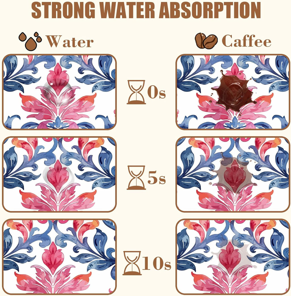 Blue and Pink Damask Coffee Mat Absorbent Dish Drying Mat for Kitchen Counter Hide Stain Coffee Bar Accessories with Rubber Backed Fit Under Espresso Machine, 11.8 x 19.7 Inch