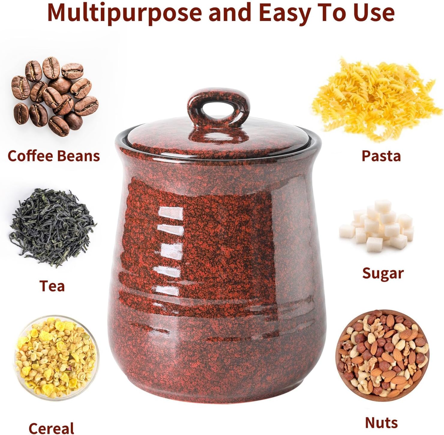 Hasense Coffee Grounds Container with Airtight Lid, Ceramic Food Storge Canister for Kitchen, Large Candy Dish for Countertop, Jar for Tea, Cookies, Sugar, Coffee Bean, 80 FL OZ(Red)