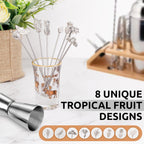DEMIGO Fruit-Shaped Cocktail Picks, 8 Stainless Steel Reusable Skewers with Tropical Toppers - Olive Stuffers Martini Picks set Fruit Toothpicks Garnish Skewers Appetizer Drink Stick