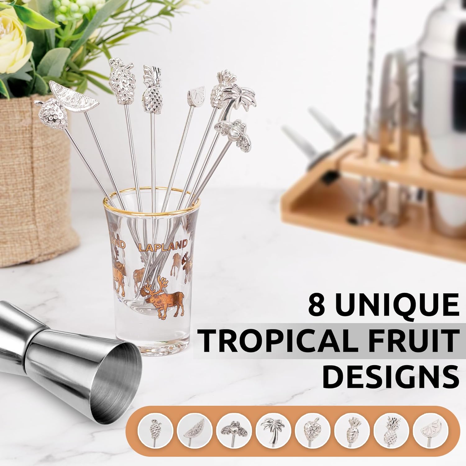 DEMIGO Fruit-Shaped Cocktail Picks, 8 Stainless Steel Reusable Skewers with Tropical Toppers - Olive Stuffers Martini Picks set Fruit Toothpicks Garnish Skewers Appetizer Drink Stick