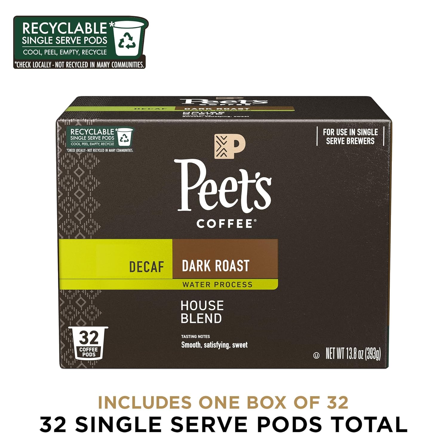 Peet's Coffee, Dark Roast Decaf Single Serve Coffee Pods - Decaf House Blend 32 Count (1 Box of 32 Pods)