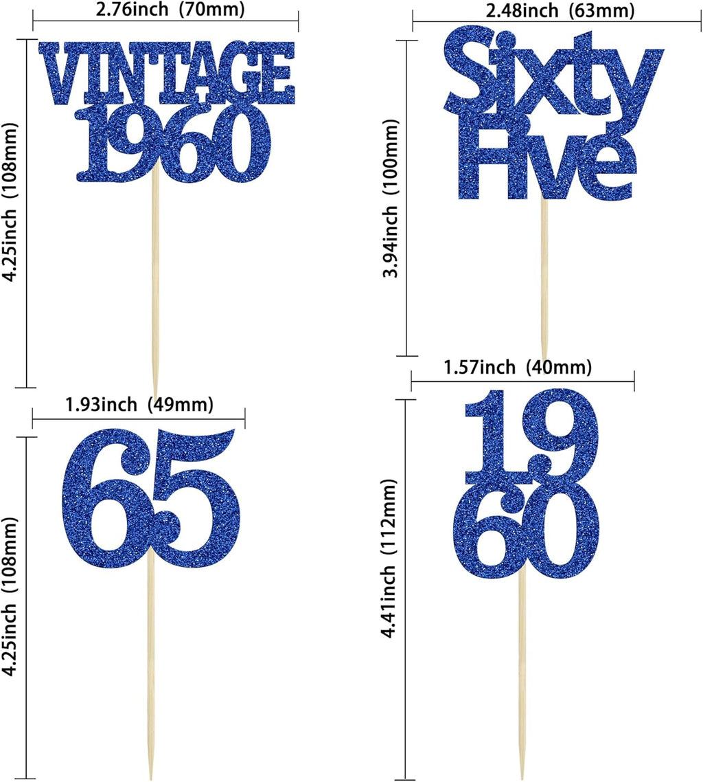 Gyufise 24Pcs Vintage 1960 Cupcake Toppers Glitter Cheers to 65 Fabulous Sixty Five Cupcake Picks 65th Birthday Wedding Anniversary Party Cake Decorations Supplies Deep Blue