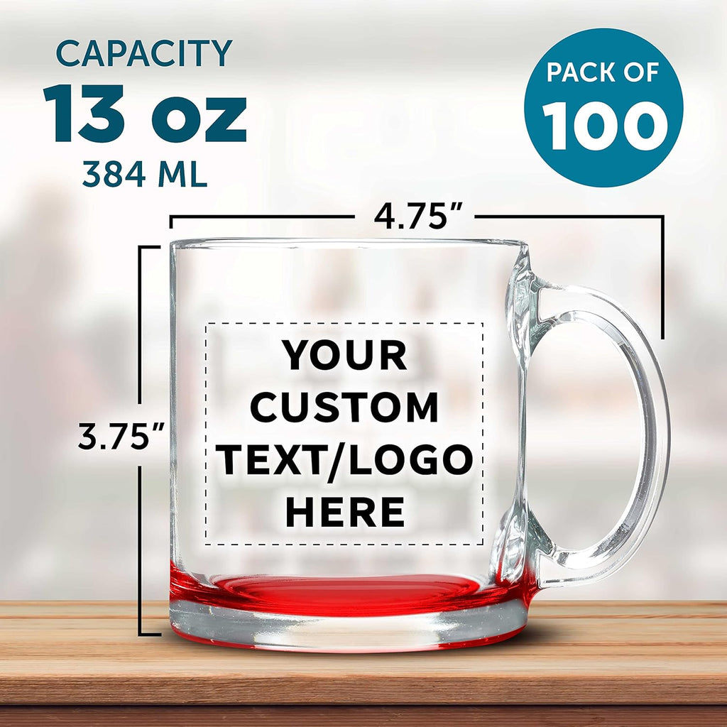 Custom Libbey Clear Glass Coffee Mugs 13 oz. Set of 100, Personalized Bulk Pack - Perfect for Coffee, Tea, Espresso, Hot Cocoa, Other Beverages - Red Bottom