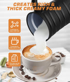 4-in-1 Electric Milk Frother and Steamer - Versatile & Quiet Foam Maker with Automatic Shut-Off - Perfect for Lattes, Cappuccinos, Macchiato - Large 350ml Capacity for Home Baristas (Black2)
